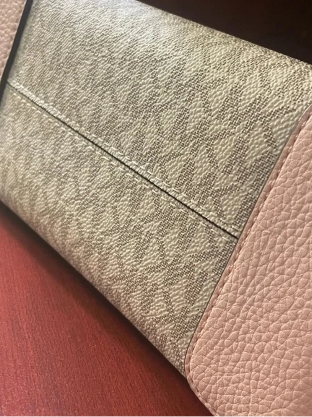 Michael Kors Beige Signature Satchel with Pink Trim and Gold Hardware